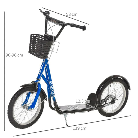 Rootz Scooter - Children's Scooter - Kids Scooter - Height Adjustable - Inflatable Wheel Brake - Basket - Cupholder - Mudguard - Blue/Black - 139 cm x 58 cm x 96 cm