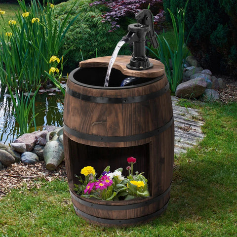 Rootz Garden Fountain - Decorative Fountain - Barrel Fountain - Barrel Pump - Waterfall - Wooden Barrel - With Planter - Natural Wood - 27 x 59 cm