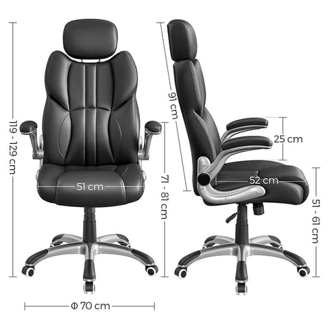 Rootz Office Chair - Office Chair With Folding Armrests - Ergonomic Office Chair - Adjustable Swivel Chair - Modern Desk Chair - Armrest Office Chair - Plywood - Black - 70 x 72 x (119-129) cm (L x W x H)