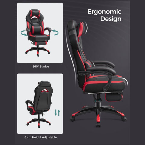 Rootz Gaming Chair - Ergonomic Office Chair With Footrest - High-back Gaming Chair - Adjustable Gaming Chair - PC Gaming Chair - Faux Leather - Black-Red - 70 x 64 x (120-128) cm (L x W x H)