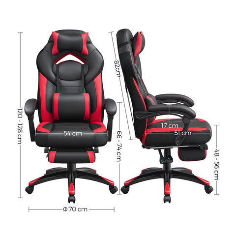 Rootz Gaming Chair - Ergonomic Office Chair With Footrest - High-back Gaming Chair - Adjustable Gaming Chair - PC Gaming Chair - Faux Leather - Black-Red - 70 x 64 x (120-128) cm (L x W x H)