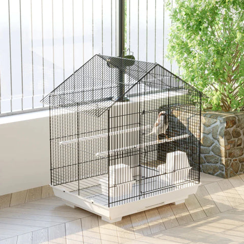Rootz Bird Cage - Small Birds Including - Feeding Bowls - Perches - Removable Base Tray - Metal Plastic - White + Black - 54L x 35W x 56H cm