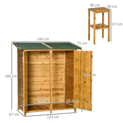 Rootz Garden Storage Shed - Garden Wood Storage Shed - Garden Cabinet - Tool Shed - With 2 Doors - Tool Cabinet - Fir Wood - Natural - 140 x 75 x 157 cm