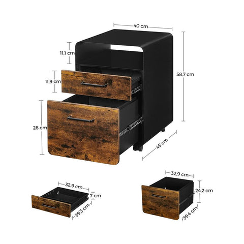 Rootz Filing Cabinet - Mobile Container - Filing Cabinet With 2 Drawers - Storage Cabinet - Cabinet - Steel/Chipboard - Vintage Brown/Black - 40 x 45 x 58.7 cm