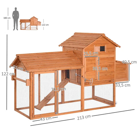 Rootz Chicken Coop - Mobile Chicken House With Wheels - Nesting Box - Chicken Aviary - Rabbit Hutch - Small Animal Coop - Poultry Coop With Pole - Fir Wood - Metal Wire - Orange - 213 x 91 x 122 cm