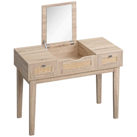 Rootz Dressing Table - Viennese Weave Look With 1 Mirror - 2 Drawers And 1 Storage Compartment - Natural - 100 cm x 46 cm x 78.5 cm