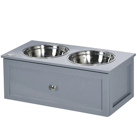 Rootz Feeding Station - Elevated Feeding Station - 2 Feeding Bowls Each 2 Liters - Stainless Steel  - With Drawer - For Medium-sized Dogs - Grey - 60 x 30 x 24cm