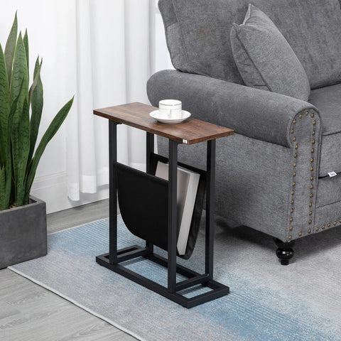 Rootz Side Table - Bedside Table - Coffee Table - Narrow Design - With Fabric Bag - Steel - Dark Brown + Black - 49 x 19 x 55cm