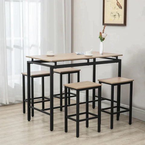 Rootz Bar Table - Bar Table Set - Bar Stool - Industrial Design - 5 Piece Bar Table Set - Chipboard/Steel - Oak/Black - 120 x 60 x 90cm