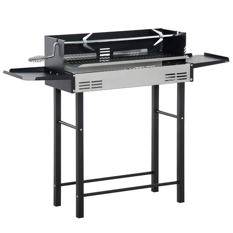 Rootz Charcoal Grill - Camping Grill with Grill Grate and Rotisserie Kit - Foldable Side Shelves - Camping - Garden - BBQ - Stainless Steel + Metal - Black - 118 x 32 x 90 cm
