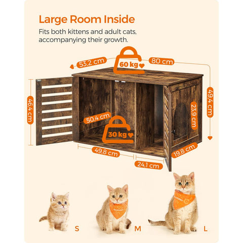 Rootz Litter Box - Cat Litter Box - Litter Box Cabinet - Cat House - Cat Cave - Cat Cabinet - Chipboard - Vintage Brown - 80 x 53 x 49.2 cm