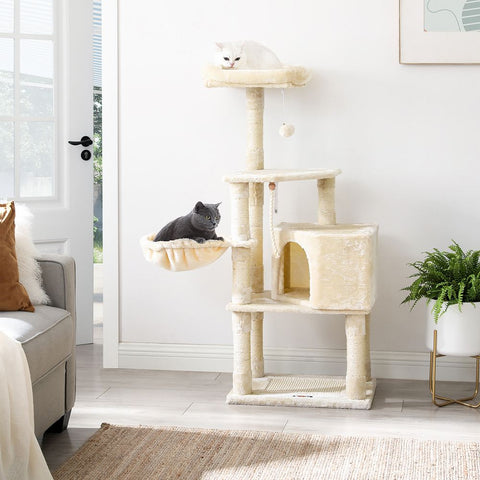 Rootz Cat Tree - Scratching Post With Cave - Scratching Post With Litter Box Cabinet - Cat Climbing Tree - Cat Activity Tree - Cat Play Tree - Modern Cat Tree - Cat Tree House - Chipboard - Plush - Sisal - Beige - 55 x 40 x 138 cm (L x W x H)