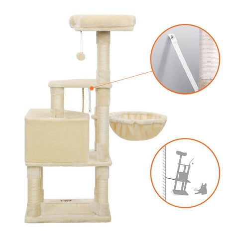 Rootz Cat Tree - Scratching Post With Cave - Scratching Post With Litter Box Cabinet - Cat Climbing Tree - Cat Activity Tree - Cat Play Tree - Modern Cat Tree - Cat Tree House - Chipboard - Plush - Sisal - Beige - 55 x 40 x 138 cm (L x W x H)
