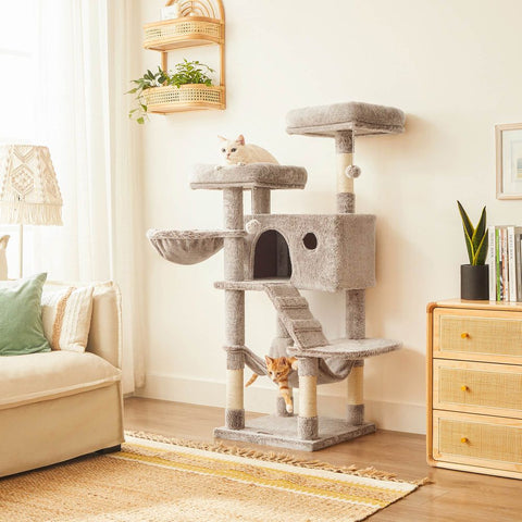 Rootz Scratching Post - Cat Scratching Post - Cat Tree Scratching Post - Floor Standing Scratching Post - With Platforms - Grey/Blue - 49 x 49 x 135 cm