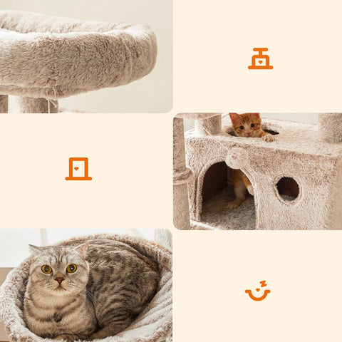 Rootz Scratching Post - Cat Tree - Cat Tower - Cat Scratching Post - Cat Tree With A Soft Cover - Scratching Post With Toy - Light Brown - 49 x 49 x 135 cm