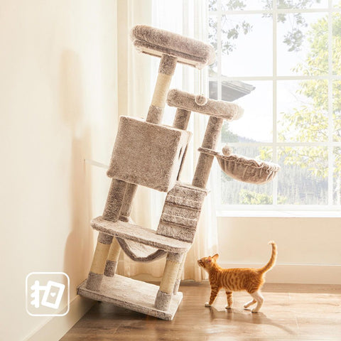 Rootz Scratching Post - Cat Tree - Cat Tower - Cat Scratching Post - Cat Tree With A Soft Cover - Scratching Post With Toy - Light Brown - 49 x 49 x 135 cm