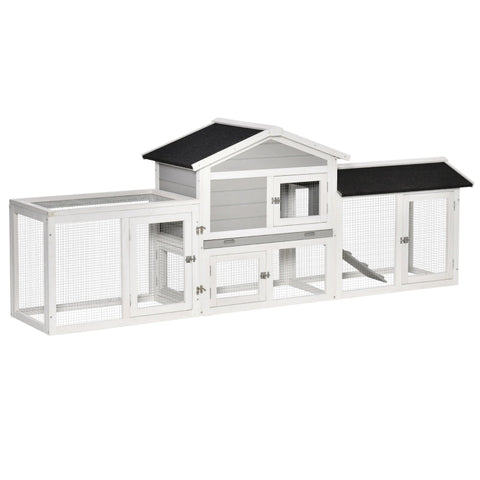 Rootz Rabbit Hutch - Wooden Rabbit Hutch - Outdoor Large Guinea Pig Hutch - Bunny Run Cage - Small Animal House for Outdoor - Fir Wood - Metal - White + Black + Grey - 227 x 53 x 85 cm