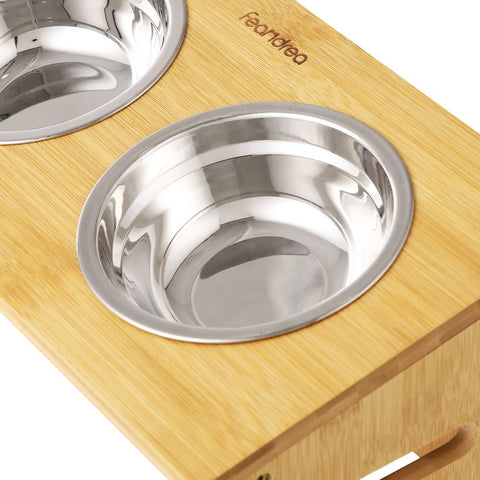 Rootz Dog Bowl - Dog Bowl With Bamboo Frame - 2 Bowls - Pet Bowl - Dog Feeding Bowl - Bamboo - Stainless Steel - Silver - 35 x 20 x 10 cm (L x W x H)
