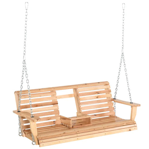 Rootz Hanging Bench - Swing Bench - 3-seater Rocking Chair - Hanging Bench With Folding Table And Cup Holders - Natural Wood - 150 x 75 x 53 cm