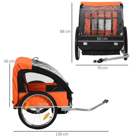 Rootz Children's Bicycle Trailer - Suitable 2 Children - Steel Frame - Seat Carrier - Safety Belt - Children From 18 Months - Oxford Fabric - Steel - Orange + Black - 130x76x88 cm