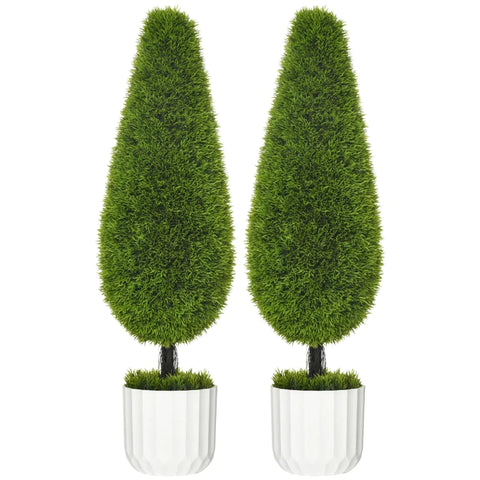 Rootz Set Of 2 Artificial Plants - Including Planter And Artificial Moss - Artificial Cypress - White + Green - 12cm x 12cm x 90cm