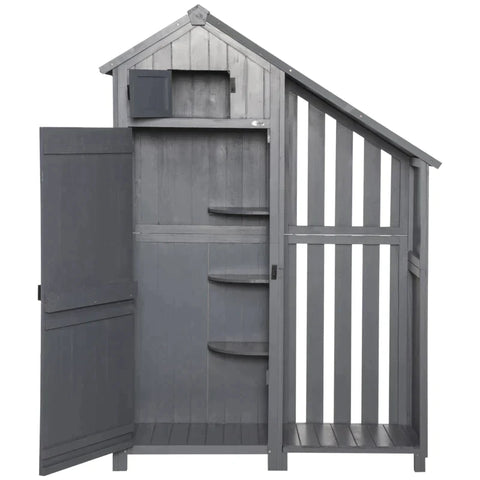 Rootz Tool Shed With Firewood Compartment - Storage Cabinet - Fir Wood - Grey + Black - 129L x 51.5W x 180H cm