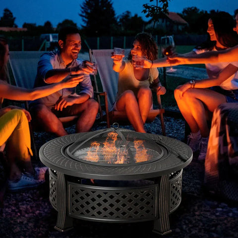 Rootz Fire Pit - Fire Bowl - Fire Basket - Fire Table - Round Fire Pit - For Garden Camping -  BBQ - With Poker Spark Protection - Steel - Black - 81 x 81 x 50 cm