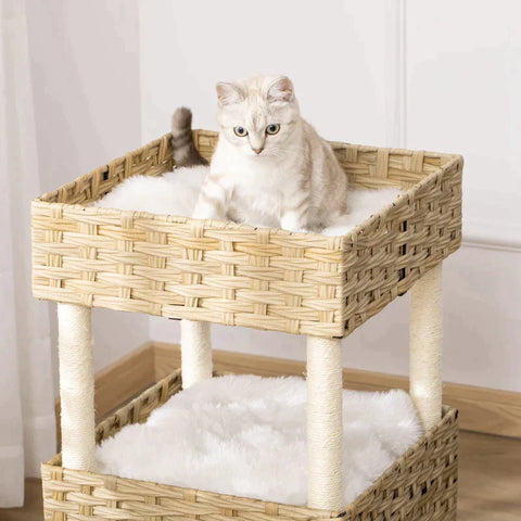 Rootz Cat Cave - Cat Basket With Scratching Post - 3-story Cat Bed - Cat Tower With 3 Cushions - Sun Roof - Sisal - Natural - 40 x 40 x 70 cm