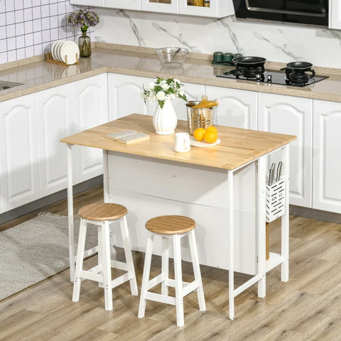 Rootz Kitchen Island With Folding Table - 2 Kitchen Shelves - Kitchen Counter - Kitchen Cabinets - White + Natural - 120 cm x 76 cm x 91.5 cm