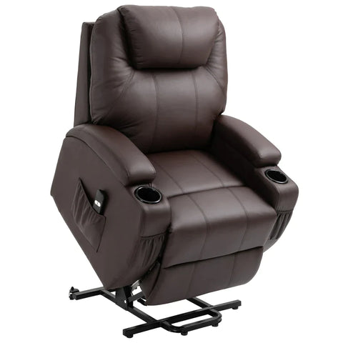 Rootz Relaxation Chair - Stand-up Aid - Including Remote Control - Cup Holder - Adjustable Backrest - Faux Leather - Brown - 84L x 92W x 109H cm