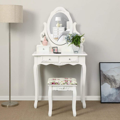 Rootz Dressing Table - With Mirror And Stool - Drawer Divider - Makeup Dressing Table - Dresser With Mirror - Bedroom Makeup Table - Matt White - 75 x 139 x 40 cm (W x H x D)