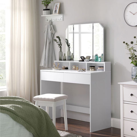 Rootz Dressing Table - Folding Mirror And 2 Drawers - Makeup Desk With Shelves - Bedroom Organizer - Vanity Station - Stylish Vanity Desk - Chipboard - White - 100 x 40 x 142 cm (L x W x H)