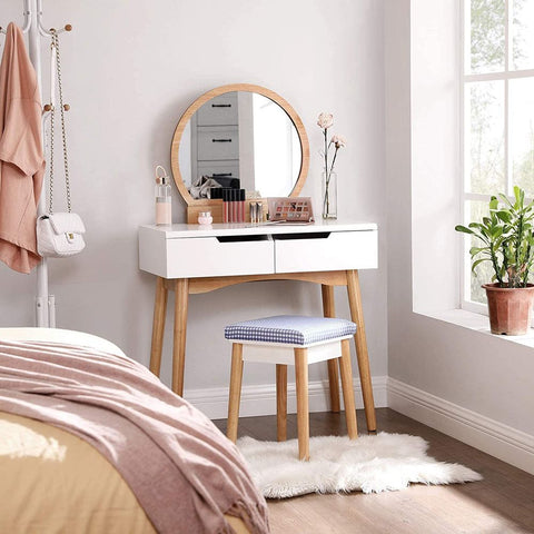 Rootz Dressing Table - Dressing Table With Mirror And Lighting - Simple Dressing Table - Country House Style - Makeup Desk - Lighted Vanity Mirror Desk - Light-up Vanity Table - MDF - Rubber Wood - White + Natural Color - 80 x 128 x 40 cm