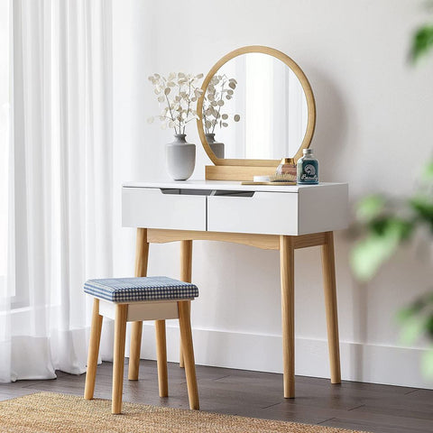 Rootz Dressing Table - Dressing Table With Mirror And Lighting - Simple Dressing Table - Country House Style - Makeup Desk - Lighted Vanity Mirror Desk - Light-up Vanity Table - MDF - Rubber Wood - White + Natural Color - 80 x 128 x 40 cm