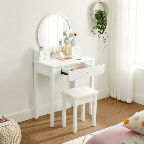 Rootz Dressing Table Set - Vanity Table - Makeup Table And Stool - Dresser And Mirror Set - Bedroom Furniture - Modern Makeup Vanity - MDF - Pine Wood - Rubber Wood - Glass - White - 70 x 40 x 134 cm (L x W x H)