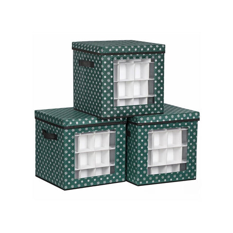 Rootz Set Of 3 Storage Boxes - For Christmas Baubles - Adjustable Dividers - Bauble Organizer Box - Christmas Ball Storage - Cardboard - Non-woven Fabric - Green - 30.5 x 30.5 x 30.5 cm (L x W x H)