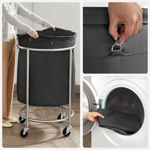 Rootz Laundry Basket - Compact Laundry Basket - Portable Laundry Basket - Stylish Laundry Basket - Laundry Basket With Wheels - Washing Basket - Black-Silver - 60 x 81 cm