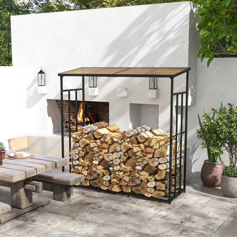Rootz Firewood Rack - Polycarbonate Roof - Metal Frame - Outdoor Use - Black+Brown - 185x67x185cm
