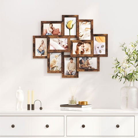 Rootz Set Of 10 Picture Frames - Photo Frame Collage For 10 Photos - Multi-picture Frame Set - Wall Mounted - MDF - Glass - Vintage Brown - 60 x 49.3 x 3.6 cm (W x H x D)