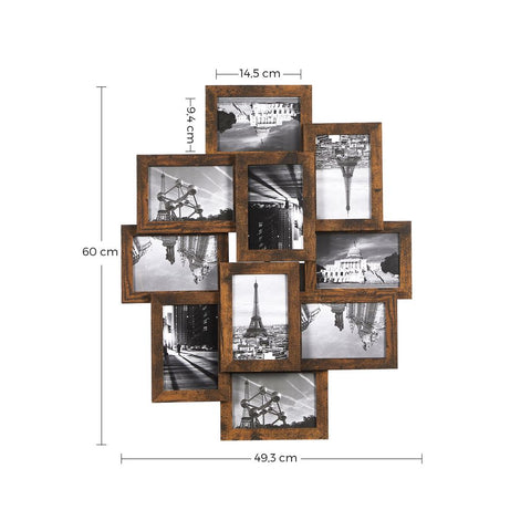 Rootz Set Of 10 Picture Frames - Photo Frame Collage For 10 Photos - Multi-picture Frame Set - Wall Mounted - MDF - Glass - Vintage Brown - 60 x 49.3 x 3.6 cm (W x H x D)