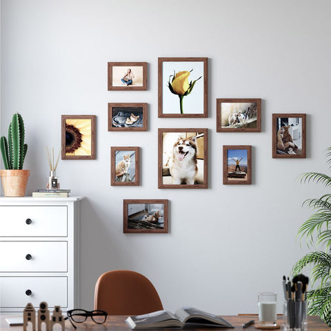 Rootz Set Of 10 Picture Frames - Photo Frame With Glass Panel - Multi-picture Frame Set - Wall Mounted - MDF - PS Plastic - Brown - 23.1 x 1.2 x 28.7 cm (L x W x H)