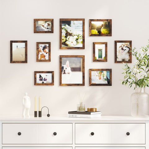 Rootz Set Of 10 Picture Frames - Photo Frame With Glass Panel - Multi-picture Frame Set - Wall Mounted - MDF - PS Plastic - Vintage Brown - 23.1 x 1.2 x 28.7 cm (L x W x H)