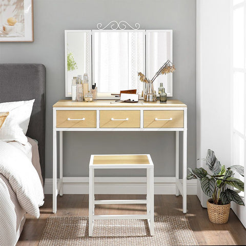 Rootz Dressing Table - Dressing Table With 3-part Folding Mirror - Vanity Table - Makeup Table - Bedroom Furniture - Dressing Table With Lights - Dressing Table Set - Natural White - 90 x 40 x 137.5 cm (L x W x H)
