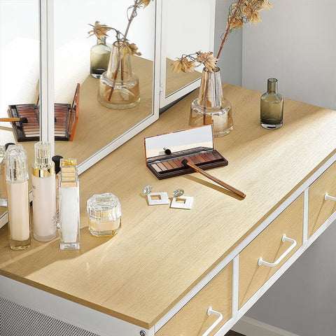 Rootz Dressing Table - Dressing Table With 3-part Folding Mirror - Vanity Table - Makeup Table - Bedroom Furniture - Dressing Table With Lights - Dressing Table Set - Natural White - 90 x 40 x 137.5 cm (L x W x H)