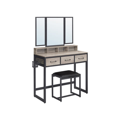 Rootz Dressing Table Set - Dressing Table With Folding Mirror - Makeup Vanity Table - Bedroom Vanity Set - Dressing Table And Stool - Vanity Desk Set - Greige- Chipboard - Steel -  Glass - Faux Leather - Foam - Black - 90 x 40 x 141 cm (L x W x H)