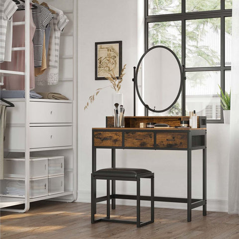 Rootz Cosmetic Table - With Oval Mirror And Stool - Dressing Table - Drawer Divider - Makeup Dressing Table - Dresser With Mirror - Bedroom Makeup Table - Chipboard - Steel - Vintage Brown-black - 90 x 40 x 148.4 cm (L x W x H)