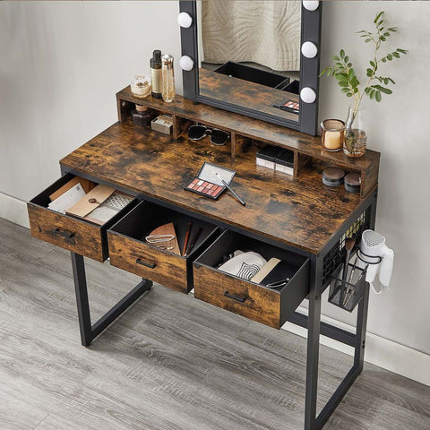 Rootz Dressing Table - With LED Bulbs And Stool - Cosmetic Table - Drawer Divider - Makeup Dressing Table - Dresser With Mirror - Bedroom Makeup Table - Chipboard - Steel - Vintage Brown-black - 90 x 40 x 145.5 cm (L x W x H)