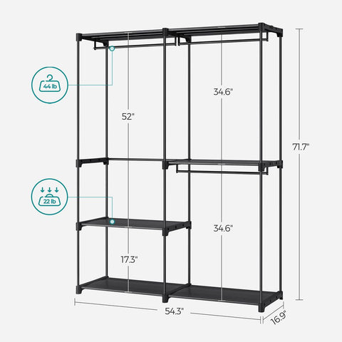 Rootz Wardrobe - Open Wardrobe - Open Closet Systems - Walk-in Closet Organizer - Freestanding Open Wardrobe - Steel - Plastic - Black - 43 x 138 x 182 cm (D x W x H)