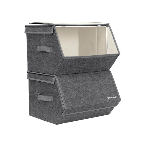 Rootz Fabric Boxes - Set Of 2 Fabric Boxes - Stackable Fabric Boxes - Fabric Organizers - Fabric Bins - Fabric Basket Storage - Cardboard - Non-woven Fabric - Grey-beige - 38 x 35 x 25 cm (W x D x H)