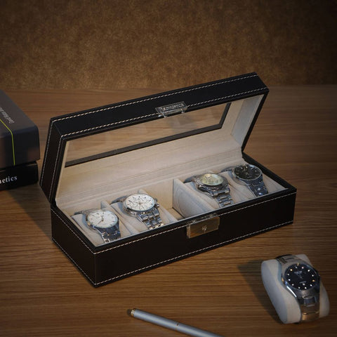 Rootz Watch Box - Elegant Watch Box For 5 Watches - Watch Storage Box - Luxury Watch Organizer - Travel Watch Case - Multi-slot Watch Box - MDF Boards - Black